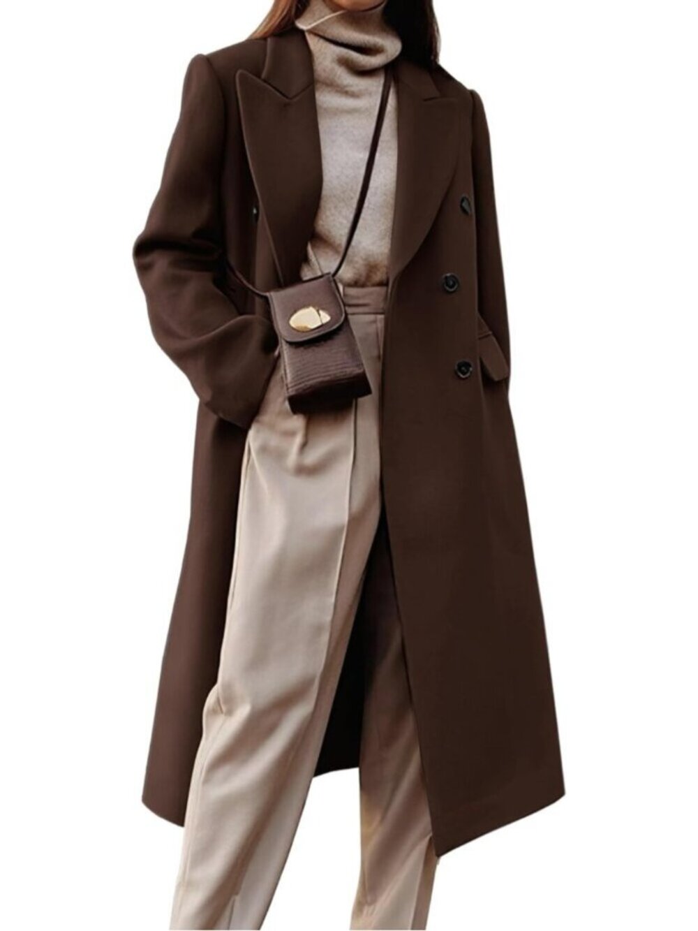 Women's Coffee Wool Blend Long Warm Lapel Double Breasted Winter Trench Peacoat